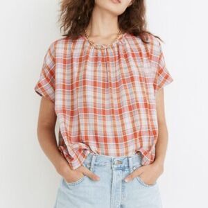 Madewell Plaid Shirred-Neck Boxy Women’s Top Size Medium